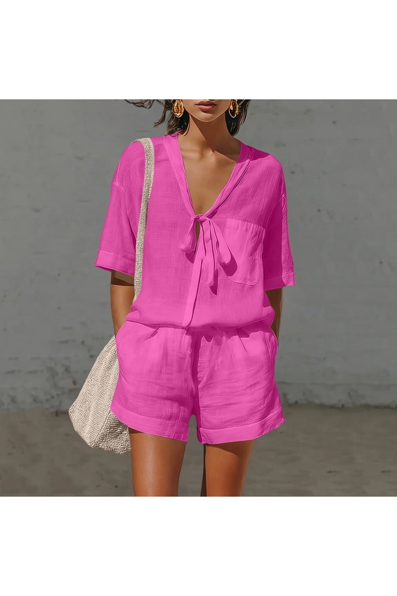 Women Two Piece Linen Sets, Solid Color Short Sleeve V-Neck Tops and Wide Leg Shorts with Pockets Loose Breathable Hawaiian Beach Vacation Summer Outdoor Casual Set
