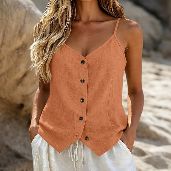 Hvogkswy Womens Button Down Linen Camisole Tops Solid V Neck Sleeveless Tops Loose Breathable Beach Vacation Summer Casual Tank Tops