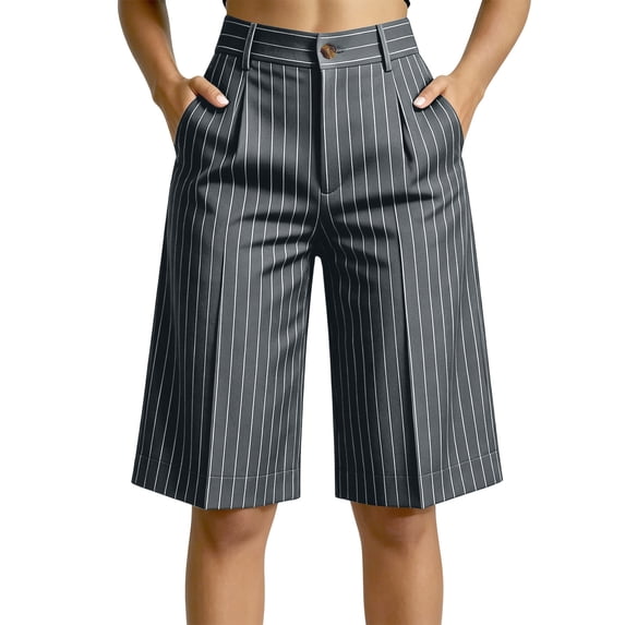 Hvogkswy Womens Dress Shorts Striped Wide Leg Button Zipper Waist Shorts with Pockets Loose Comfy Daily Casual Business Short Pants