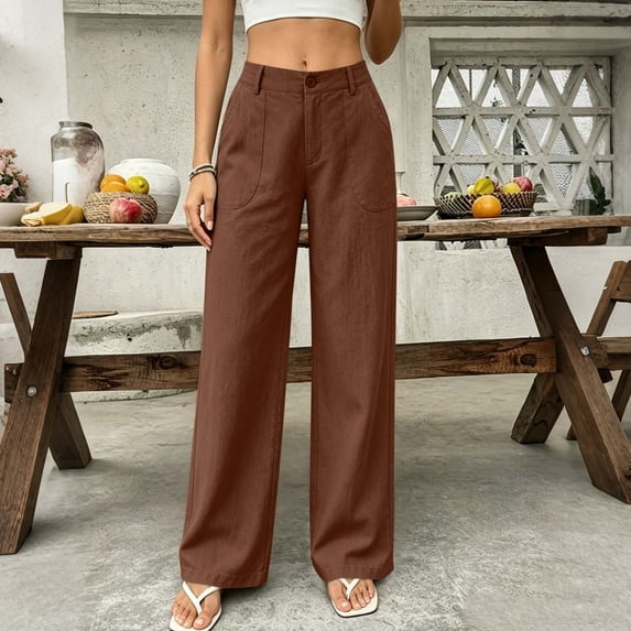 Hvogkswy Work Pants Women High Waist Straight-Leg Pants Solid Button Travel Hiking Casual Pants with Pockets