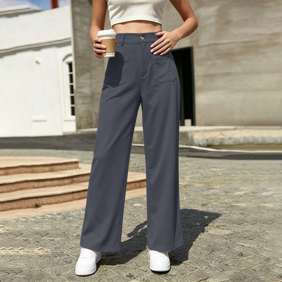 Hvogkswy Work Pants Women High Waist Straight-Leg Pants Solid Button Travel Hiking Casual Pants with Pockets