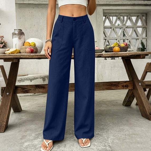 Hvogkswy Work Pants Women High Waist Straight-Leg Pants Solid Button Travel Hiking Casual Pants with Pockets