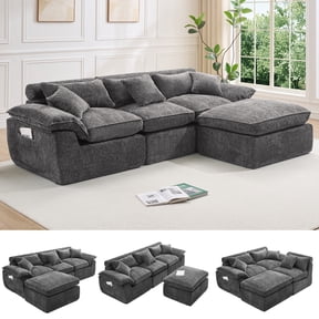 Hvoonc 110" Modular Sectional Sofa with Ottoman for Living Room, Boneless Cloud Chenille Couch in a Box with 23.6" Deep Seat, Dark Gray