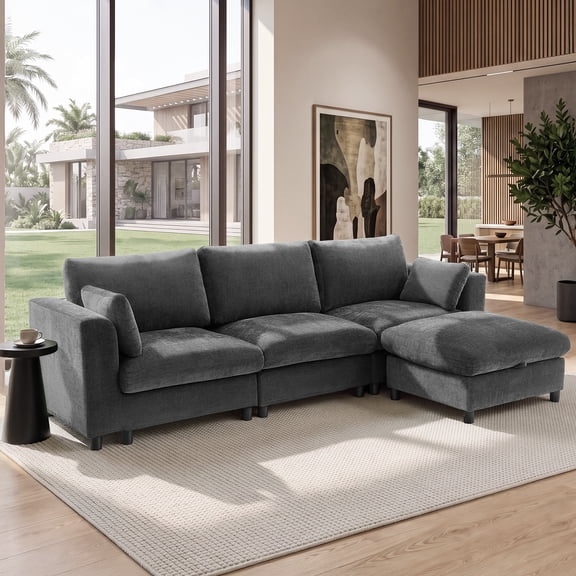 Hvoonc 115" Modular Sectional Sofa for Living Room, Chenille L Shaped Couch with Storage Ottoman, 21.3" Deep Seat, Washable Covers, Dark Gray
