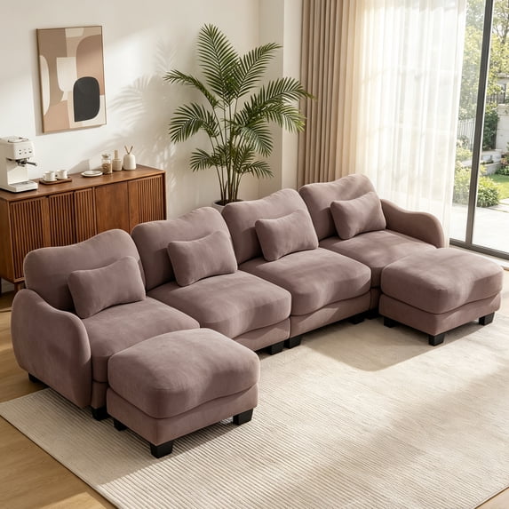Hvoonc 131.5" Modular Sectional Sofa for Living Room, Sculptural Curved Chenille 4 Seater Couch with 2 Ottomans, 25" Deep Seat, Pocket Springs, Dusty Rose