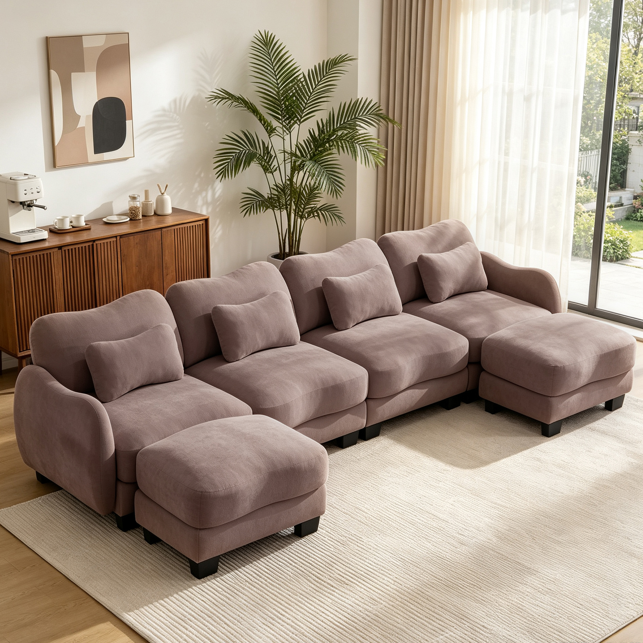 Hvoonc 131.5" Modular Sectional Sofa for Living Room, Sculptural Curved Chenille 4 Seater Couch with 2 Ottomans, 25" Deep Seat, Pocket Springs, Dusty Rose