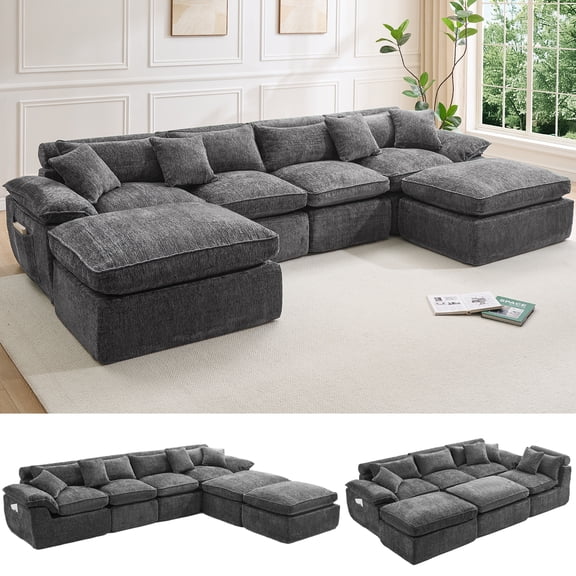 Hvoonc 137.5" Modular Sectional Sofa for Living Room, Boneless Cloud Chenille Couch in a Box with 23.6" Deep Seats & Ottomans, Dark Gray
