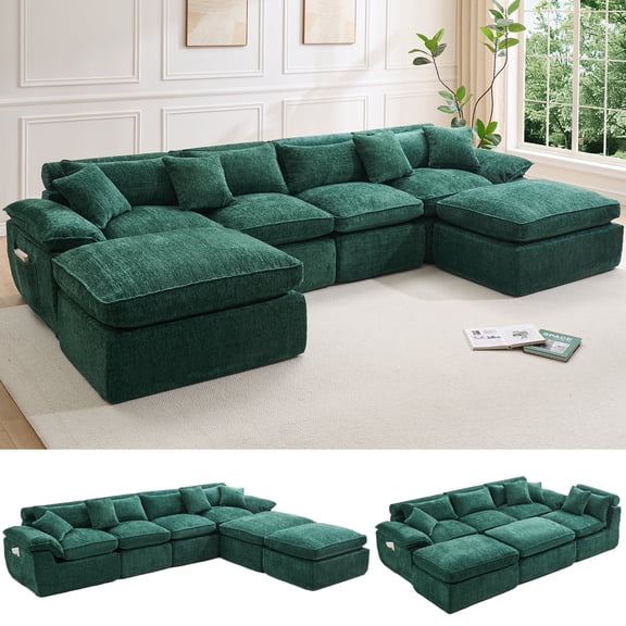Hvoonc 137.5" Modular Sectional Sofa for Living Room, Boneless Cloud Chenille Couch in a Box with 23.6" Deep Seats & Ottomans, Dark Green