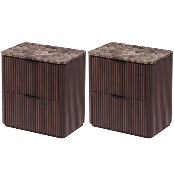 Hvoonc 2 Drawer Nightstands Set of 2, Faux Marble Top, Fluted Bedroom Bedside Tables with Storage, Walnut Brown
