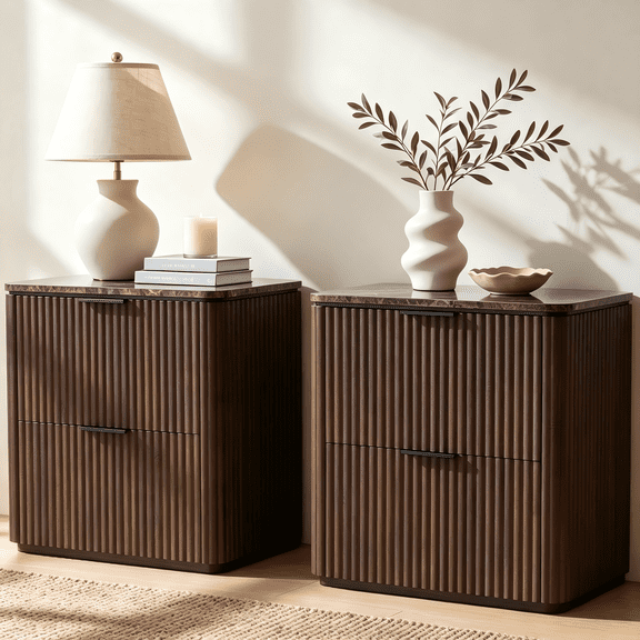 Hvoonc 2 Drawer Nightstands Set of 2, Faux Marble Top, Fluted Bedside Tables with Storage, FSC Certified Wood, Walnut Brown