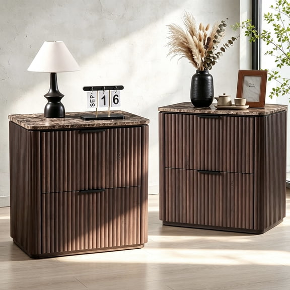 Hvoonc 2 Drawer Nightstands Set of 2, Faux Marble Top, Fluted Bedside Tables with Storage, FSC Certified Wood, Walnut Brown