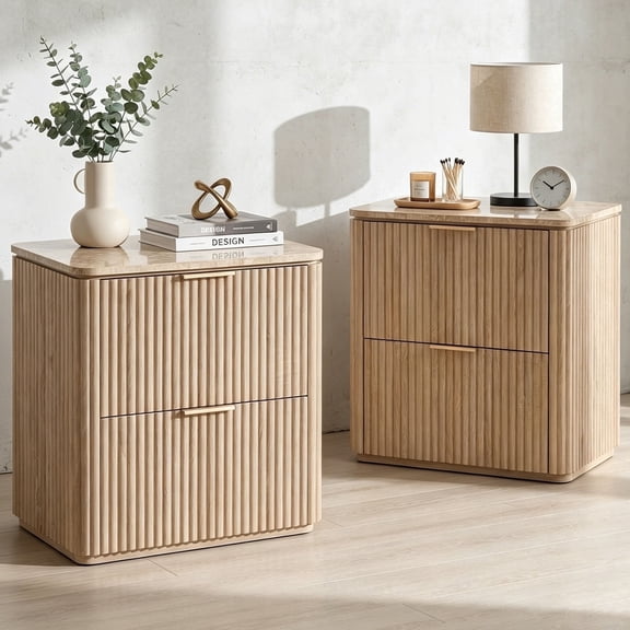 Hvoonc 2 Drawer Nightstands Set of 2, Faux Marble Top, Fluted Bedside Tables with Storage, FSC Certified Wood, Natural Oak