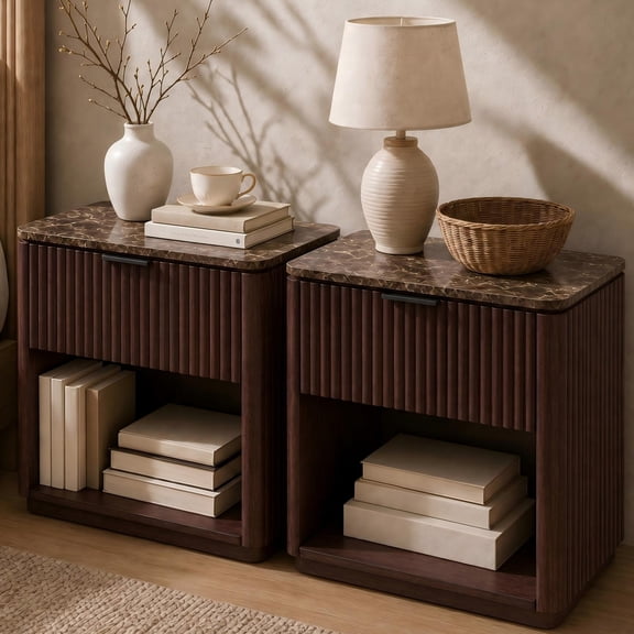 Hvoonc Fluted Nightstand Set of 2, Faux Marble Top, 24" Tall Bedside Tables with Drawer, Rounded Corner Design, Walnut Brown