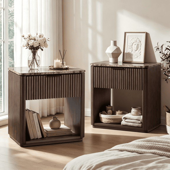 Hvoonc Fluted Nightstand Set of 2, Faux Marble Top, 24" Tall Bedside Tables with Drawer, Rounded Corner Design, Walnut Brown