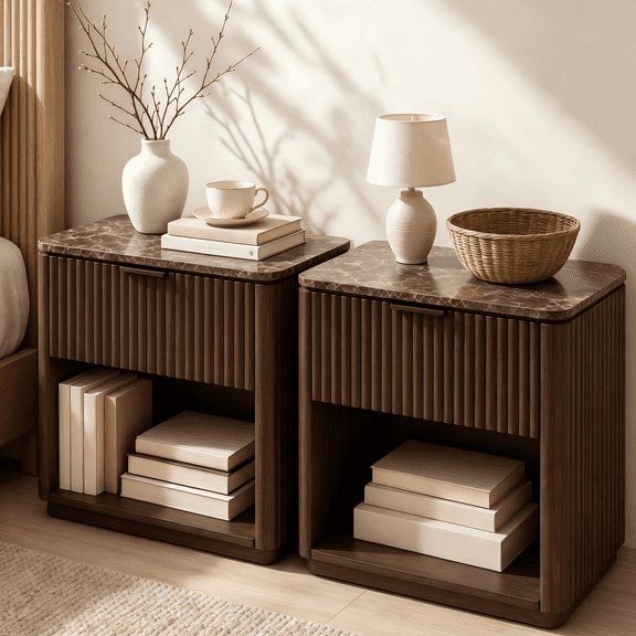 Hvoonc Fluted Nightstand Set of 2, 24" Tall Faux Marble Top Bedside Tables with Drawer, Rounded Corner Design, Walnut Brown
