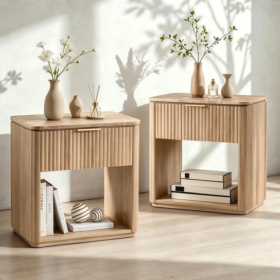 Hvoonc Fluted Nightstand Set of 2, Faux Marble Top, 24" Tall Bedside Tables with Drawer, Rounded Corner Design, Natural Oak