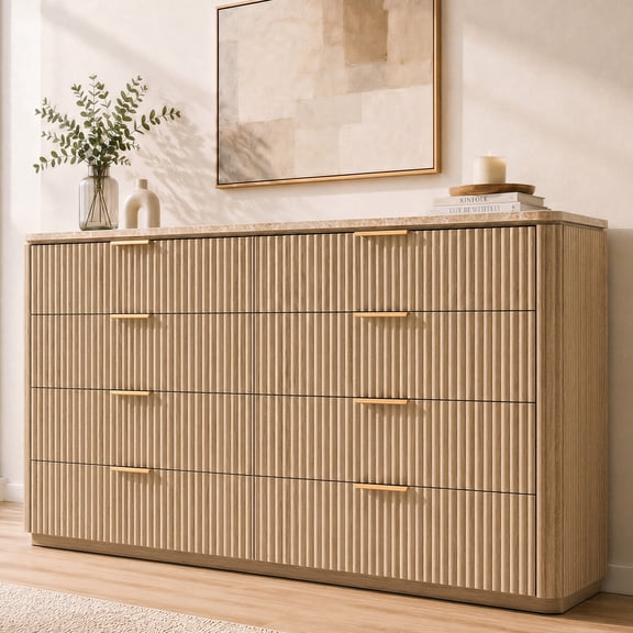 Hvoonc 8 Drawer Dresser for Bedroom with Faux Marble Top, 54.5" W Modern Oak Fluted Wood Bedroom Storage Cabinet
