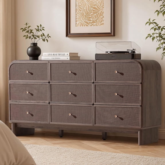 Hvoonc 63.2" Wide 9 Drawer Dresser for Bedroom, Large Rounded Corners Design, Rattan-look, Dark Oak