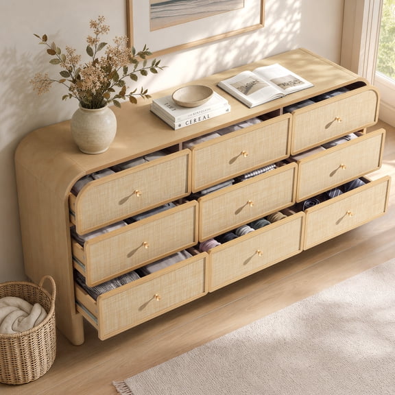 Hvoonc 63.2" Wide 9 Drawer Dresser for Bedroom, Large Rounded Corners Design, Rattan-look, Natural Oak