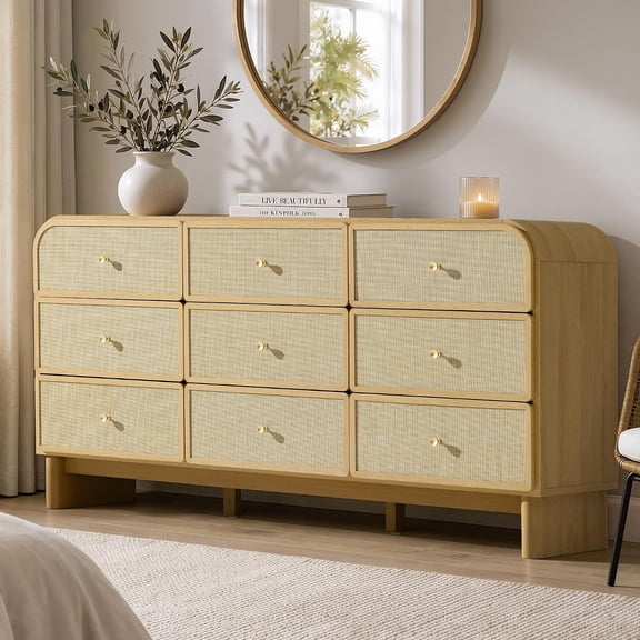 Hvoonc 63.2" Wide 9 Drawer Dresser for Bedroom, Large Rounded Corners Design, Rattan-look, Natural Oak