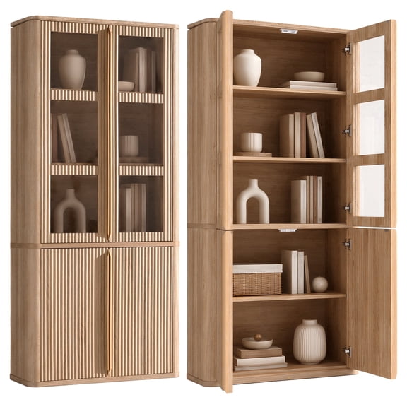 Hvoonc 77" Tall Fluted Accent Storage Cabinet with Glass Doors and Shelves, Kitchen Pantry Cabinet Organizer, Natural Oak