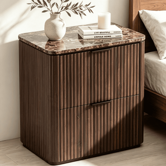 Hvoonc 2 Drawer Nightstand, 24" Tall Fluted Bedroom Bedside Table with Storage, Faux Marble Top, 2" Thick Side Panels, Walnut Brown