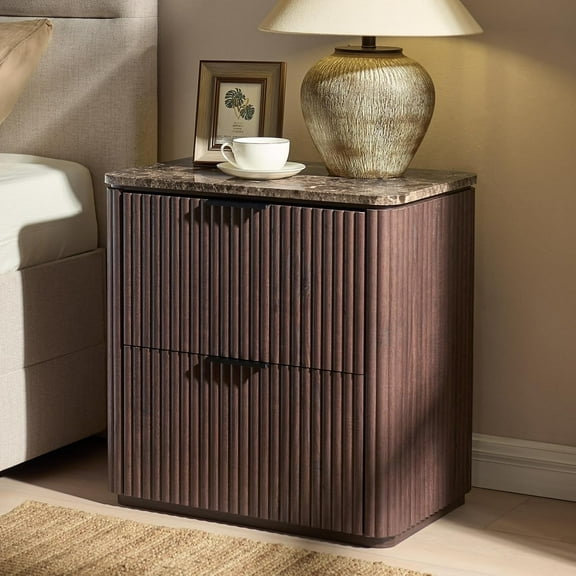 Hvoonc Fluted Nightstand with 2 Drawers, Solid Wood & Faux Marble Bedside Table, Modern Accent Furniture for Bedroom, Dark Oak
