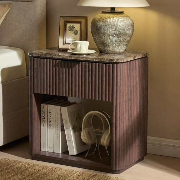 Hvoonc Fluted Nightstand with Drawer, Solid Wood & Faux Marble Bedside Table, Modern Accent Furniture for Bedroom, Dark Oak