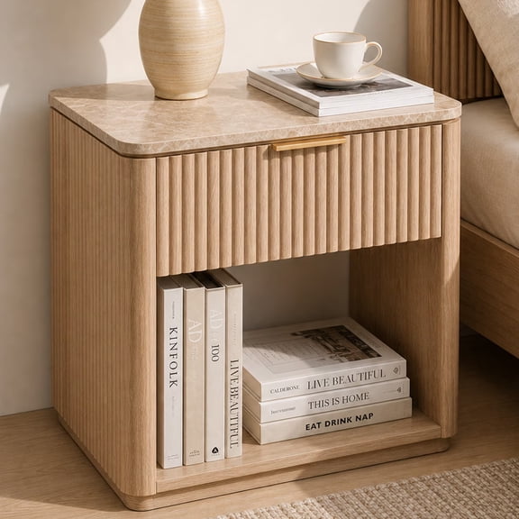 Hvoonc Fluted Nightstand with Drawer, Faux Marble Top, 24" Tall Modern End Table for Living Room, Rounded Corner Design, Natural Oak