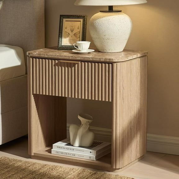 Hvoonc Fluted Nightstand with Drawer, Solid Wood & Faux Marble Bedside Table, Modern Accent Furniture for Bedroom, Natural Oak