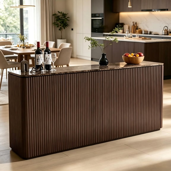 Hvoonc 65.5"W Fluted Sideboard Buffet Cabinet with Storage, Faux Marble Top, 4 Push-to-Open Doors, Modern Credenza Cabinet for Dining Room, Kitchen, Living Room, Walnut Brown