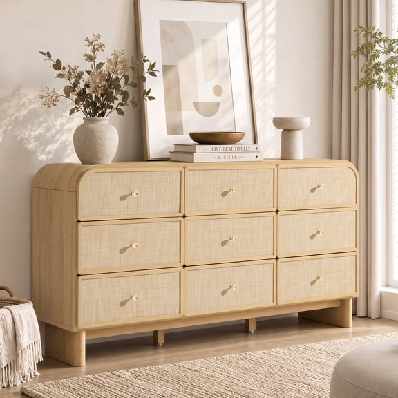 Hvoonc Modern Rattan 9 Drawer Dresser, 63.2" Wide Curved Chest of Drawers for Bedroom with Large Rounded Corners, Natural Oak