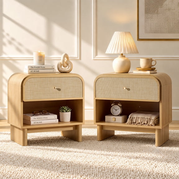 Hvoonc Bedroom Nightstands Set of 2, Rounded Corner Rattan Bedside Tables with Drawer Storage, Natural Oak