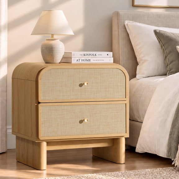 Hvoonc Rattan Nightstand with 2 Drawers, Large Rounded Corner Bedside Table with Storage, Modern End Table for Bedroom, Natrual Oak Wood Finish