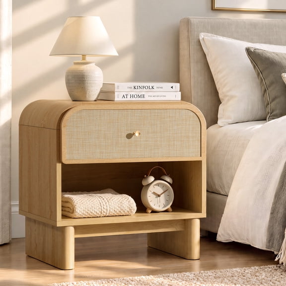 Hvoonc 24" Modern Nightstand with Drawer, Rounded Corner Bedside Table for Bedroom, FSC Certified Wood, Natural Oak