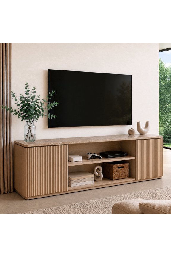 70" Fluted TV Stands for Living Room with Storage, Faux Marble Top, Modern Wood Television Console for 65-80" TVs, Large Entertainment Center, Natural Oak
