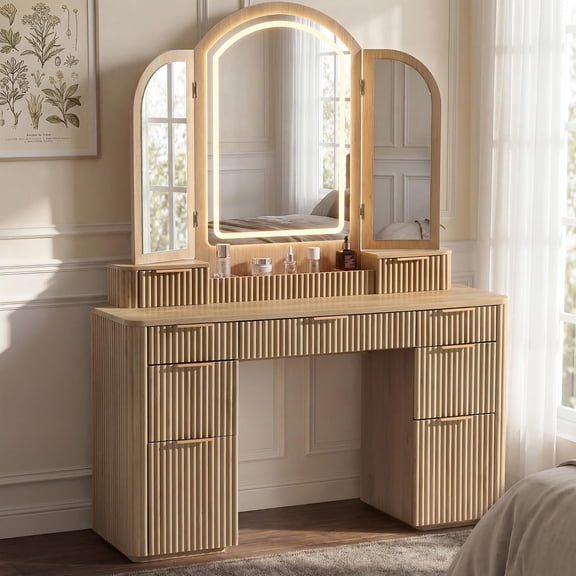 Hvoonc Vanity Desk with Trifold Mirrors and Lights, Fluted Makeup Vanity Table with 9 Drawers, Large Arched LED Mirror, Dressing Table with Storage for Bedroom, Natural Oak