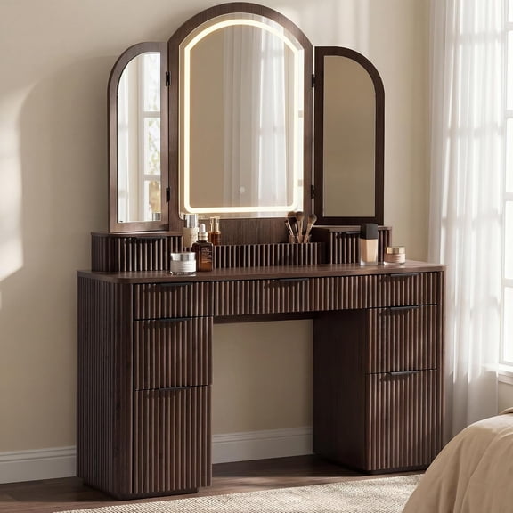 Hvoonc Vanity Desk with Trifold Mirrors and Lights, Fluted Makeup Vanity Table with 9 Drawers, Large Arched LED Mirror, Dressing Table with Storage for Bedroom, Walnut Brown