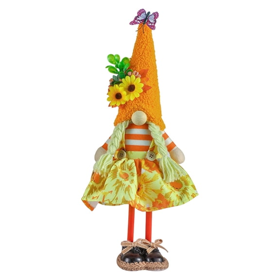 Hvot&aat 15.35 IN Standing Sunflower Gnome Figurine, Fabric Doll with Flowing Skirt & Butterfly Accent, Cute Rustic Tabletop Statue for Spring Summer Fall Home Decor