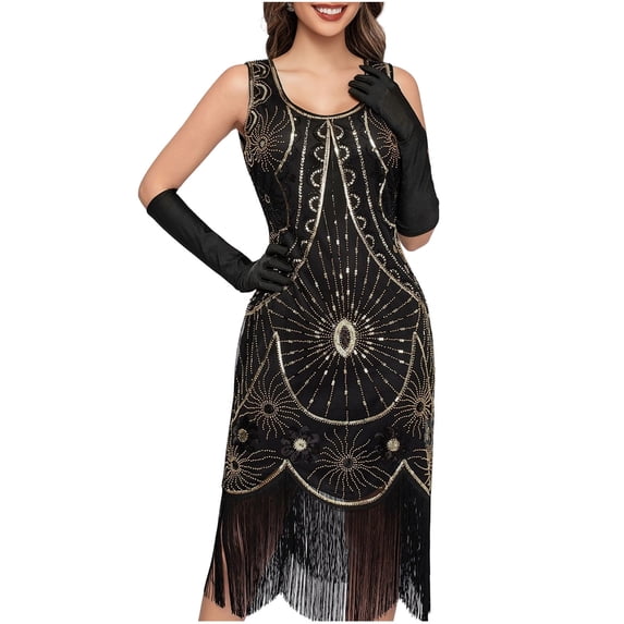 Hvot&aat 1920s Vintage Sequin Tassel Dress for Women High-end Banquet Round Neck Small Dress Flapper Dress