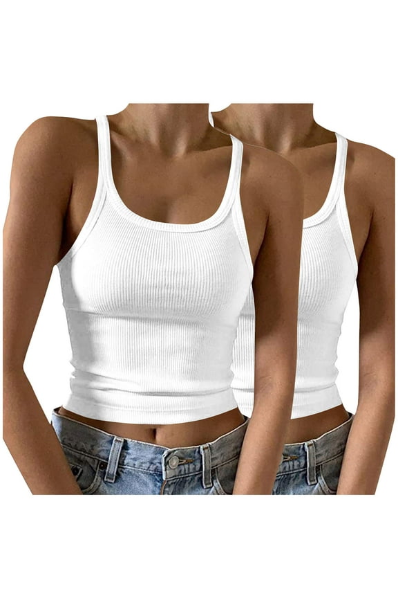 2 Pack Women's Spaghetti Strap Ribbed Tank Tops Sleeveless Form Fitting Scoop Neck Basic Cami Shirts