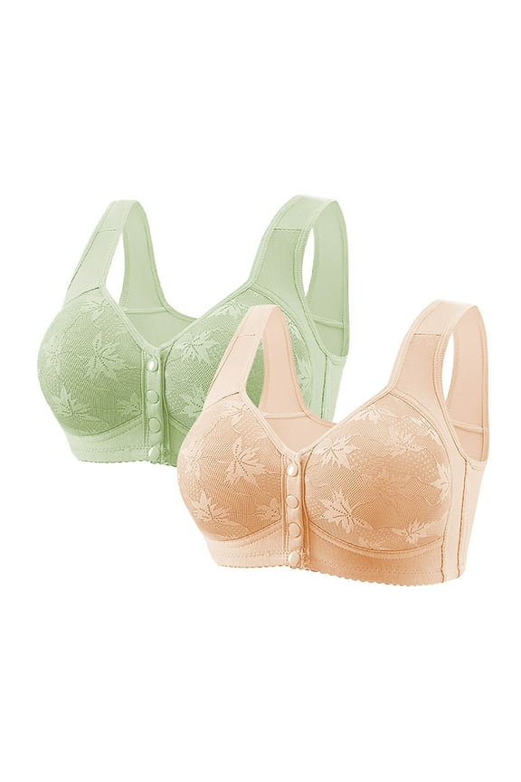 2PC Daisy Bras for Older Women Front Closure Bra Embroidery Thin Style No Underwire Full Coverage Comfortable Bras