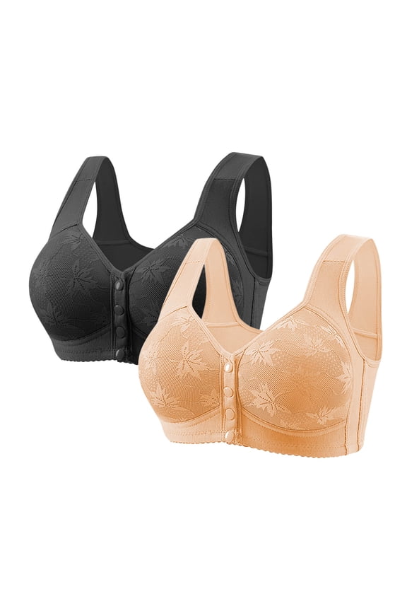 2PC Daisy Bras for Older Women Front Closure Bra Embroidery Thin Style No Underwire Full Coverage Comfortable Bras