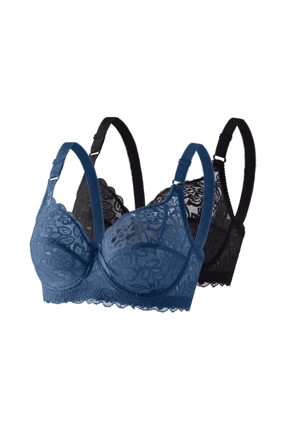 2PC Light and Breathable Sexy Lace Bras Solid Color Full-Coverage Daily Underwear