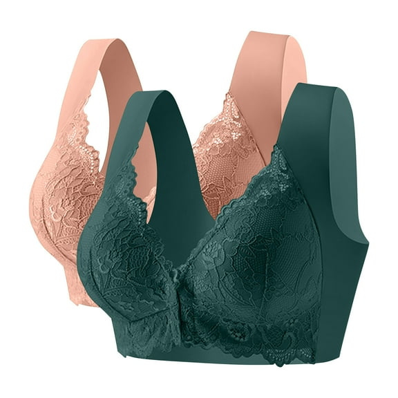 Hvot&aat 2PC Women Lace Patchwork Bra Front Closure Wireless Underwear Wide Shoulder Straps Everyday Underwear
