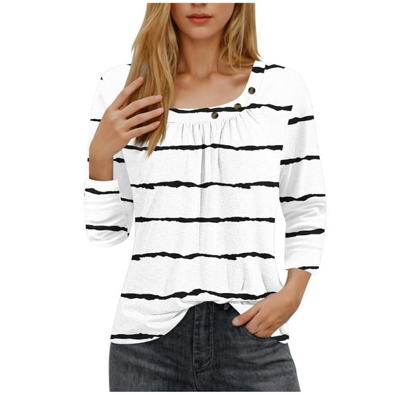 Hvot&aat 3/4 Sleeve Tops for Womens Ruched Square Neck Striped Tunic Blouses Loose Cute Going Out Tee Tops Trendy Clothes
