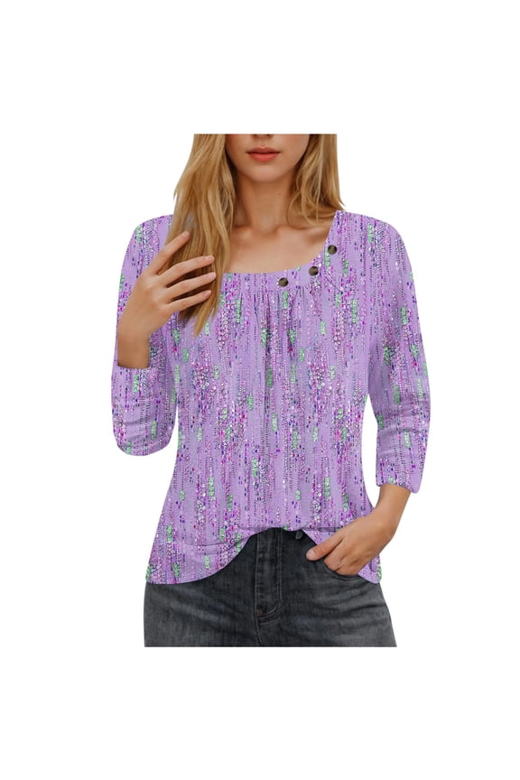 3/4 Sleeve Tops for Womens Sequins Print Ruched Square Neck Tunic Blouses Loose Cute Going Out Tee Tops Trendy Clothes