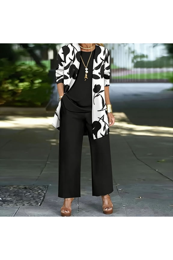 3 Piece Outfits for Women Slim Long Sleeve Cardigan Sleeveless Top Wide Leg Pants Casual Sets for Wedding Guest Party