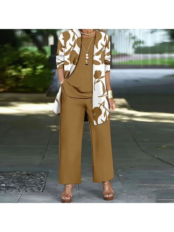 3 Piece Outfits for Women Slim Long Sleeve Cardigan Sleeveless Top Wide Leg Pants Casual Sets for Wedding Guest Party