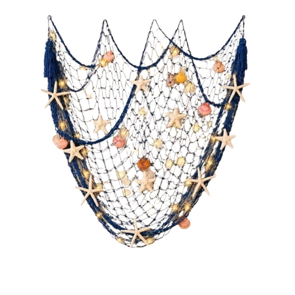 Hvot&aat 39.37"x78.74" Decorative Fishing Net Wall Hanging – Nautical Blue Rope Netting with LED Lights, Seashells & Starfish, Beach Themed String Garland for Home, Porch & Coastal Bedroom Decor